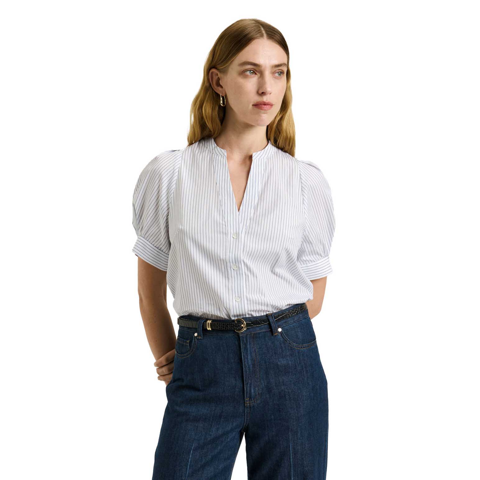 Veronika Maine Good Earth Cotton Stripe Short Sleeve Shirt